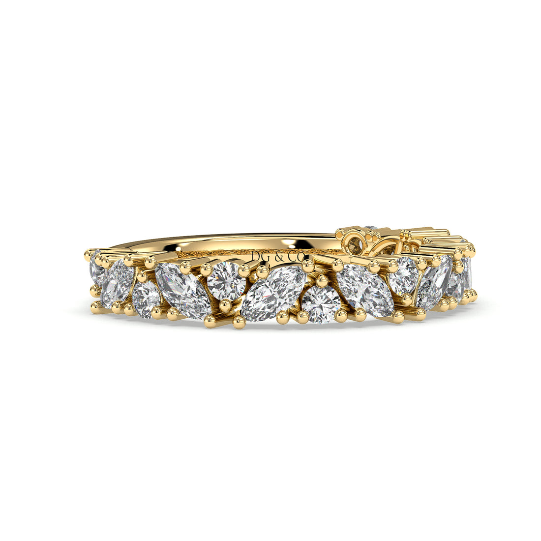 Concertina Marquise and Brilliant Round Cut Diamond Set Wedding Ring - 18K Yellow