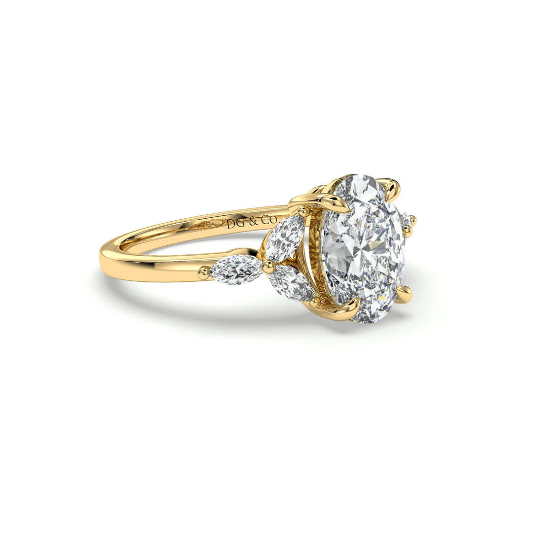 Austria Oval Cut Flower Marquise Cut Sides Diamond Engagement Ring - 18K Yellow