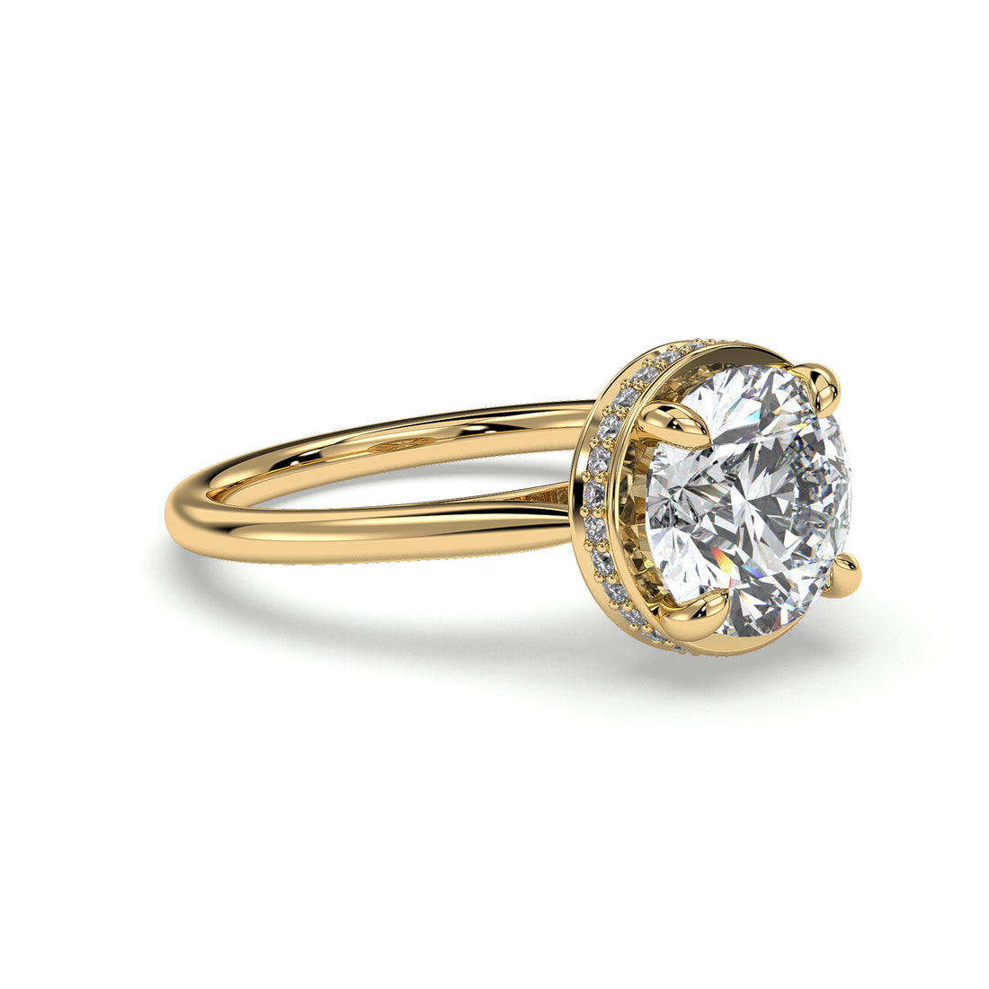 Frieda Solitaire Round Brilliant Cut Cathedral Style Hidden Halo four Claw Setting Diamond Ring - 18K Yellow