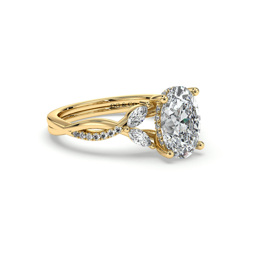 Feana Oval Cut Cross Over Hidden Halo Pave Setting Diamond Engagement Ring - 18K Yellow