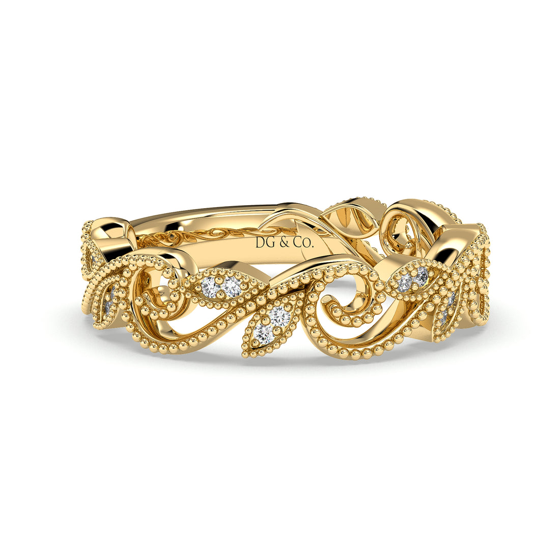 Romantic Vintage Lace Style with Round Cut Prong Milgrain Setting  Diamond Wedding Ring - 18K Yellow