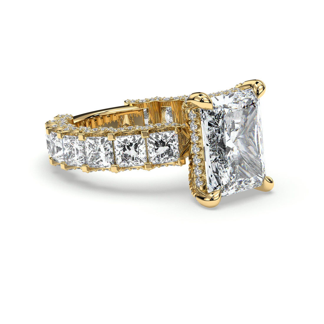 Flawless Radiant Cut Hidden Halo With Princess Cut Side Stones Diamond Engagement Ring - 18K Yellow