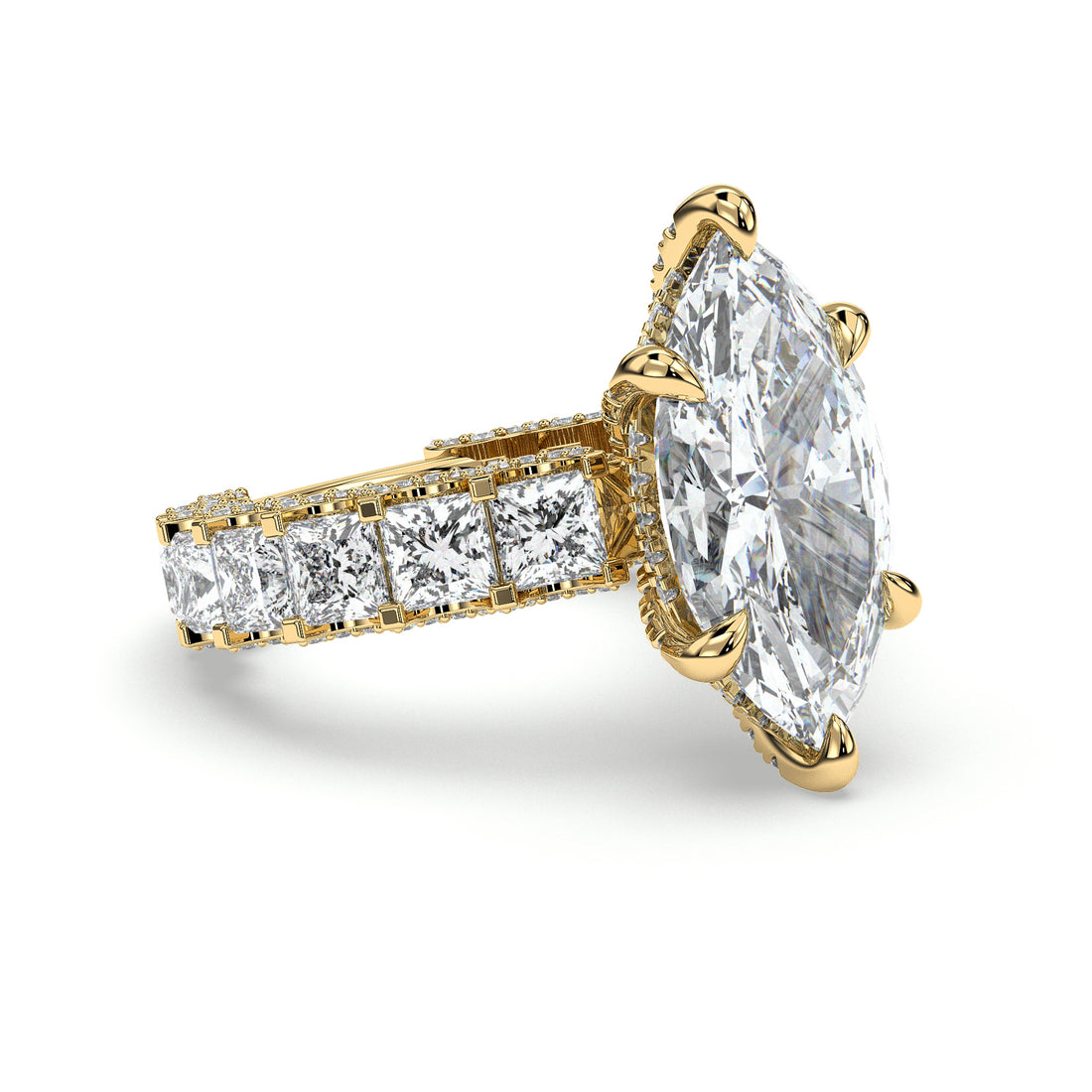 Above The dream Six Claw Marquise Cut Hidden Halo Diamond Engagement Ring with Princess Cut Side Stones - 18K Yellow