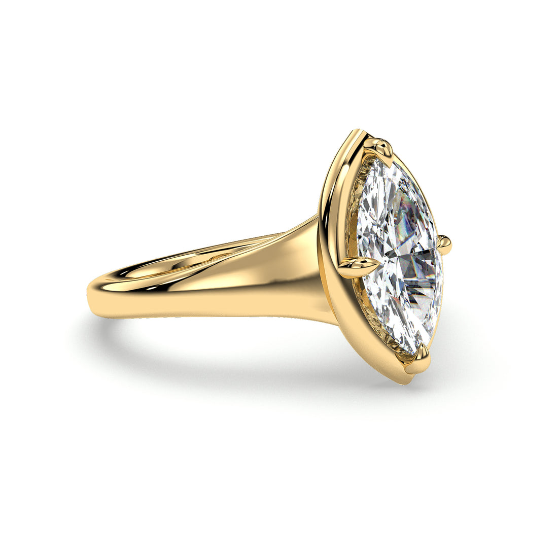 Fern Solitaire Marquise cut Cathedral Four Prong Bezel Style Setting Diamond Engagement Ring - 18K Yellow