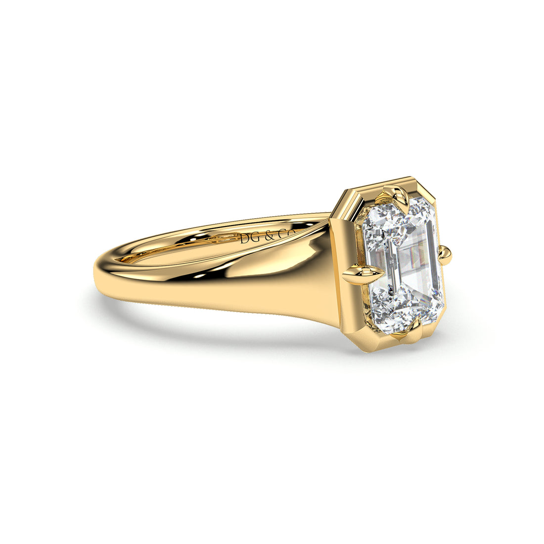 Poppy Solitaire Emerald Cut Cathedral  Four Claw Bezel Style Setting Diamond Engagement Ring - 18K Yellow
