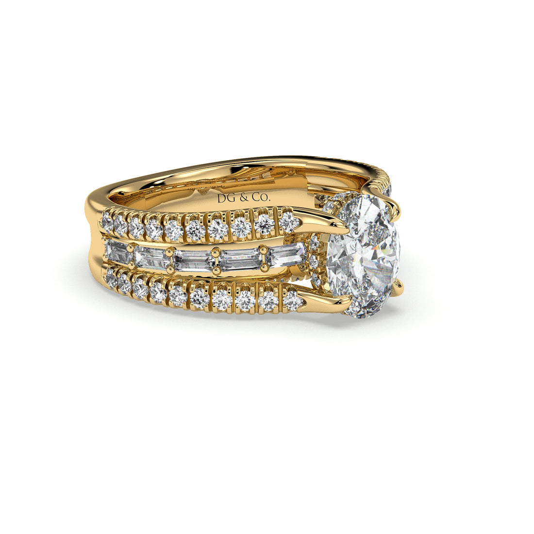 Noa Oval Cut Three Band Hidden Halo with a Four Claw Pave Setting Side Stone Diamond Ring - 18K Yellow