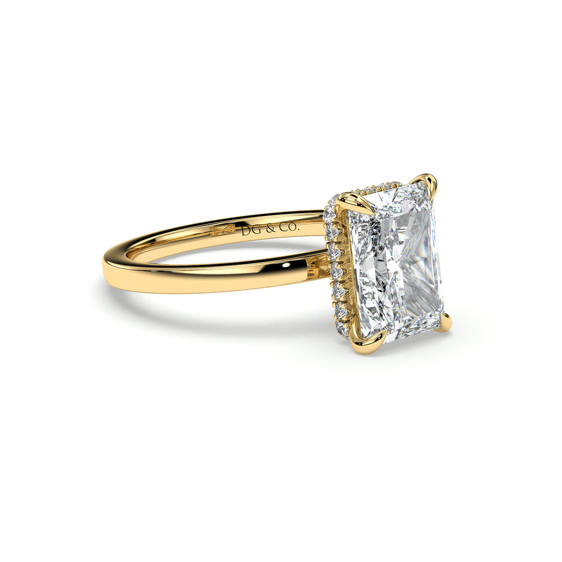 Delta Solitaire Radiant Cut Hidden Halo Pave and Low Setting Four Claw Diamond Ring - 18K Yellow