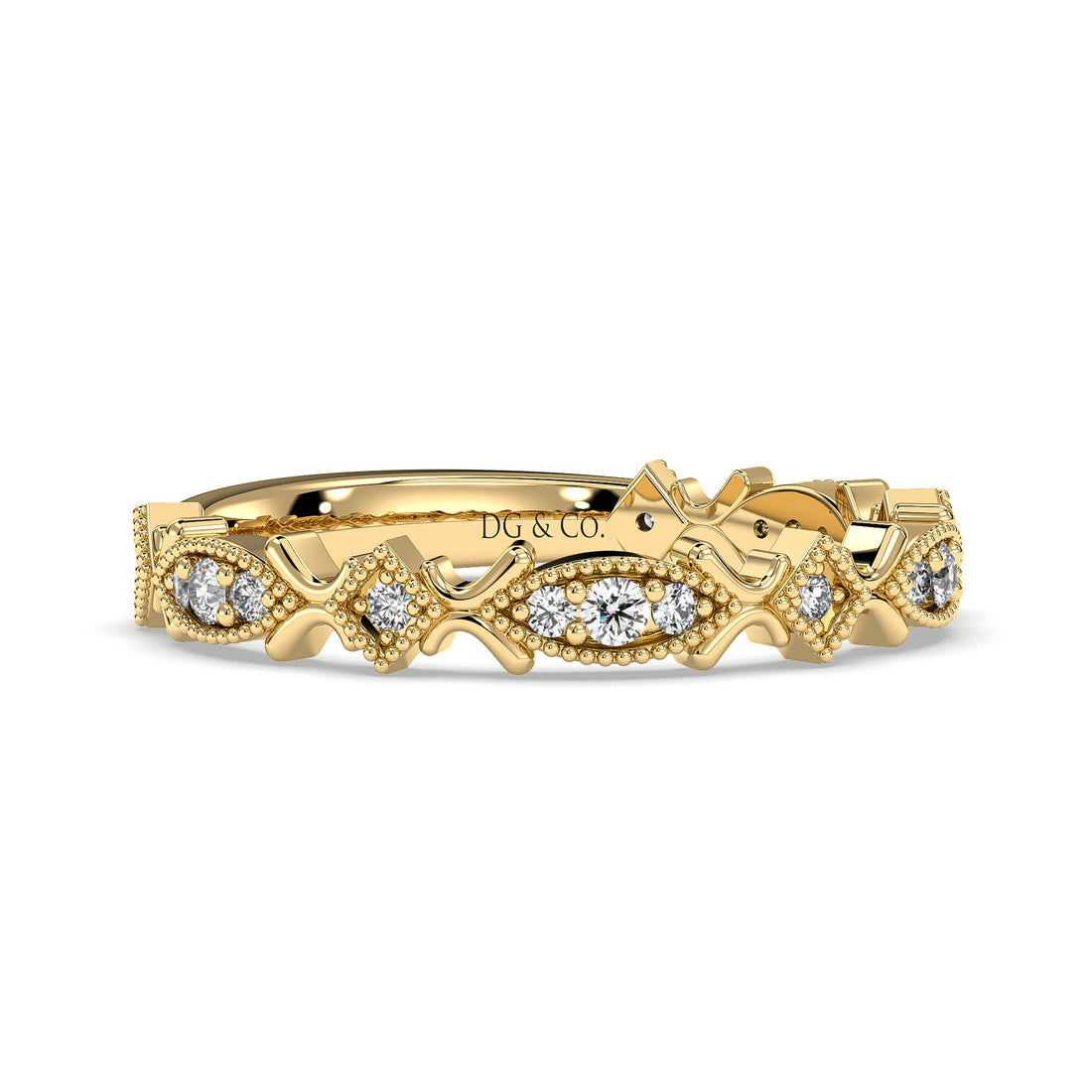 Kahlo Antique Style Alternating Marquise and Square Shape Grain set  Diamond Wedding Ring - 18K Yellow