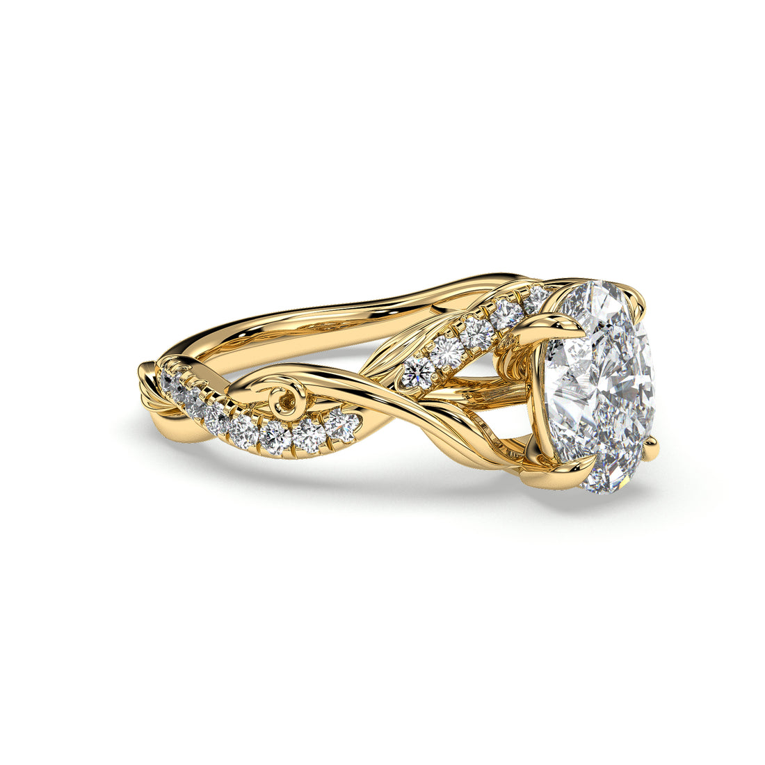 Zinnia Oval Cut Twist Band Floral Style Pave setting Side Stones Diamond Engagement Ring - 18K Yellow