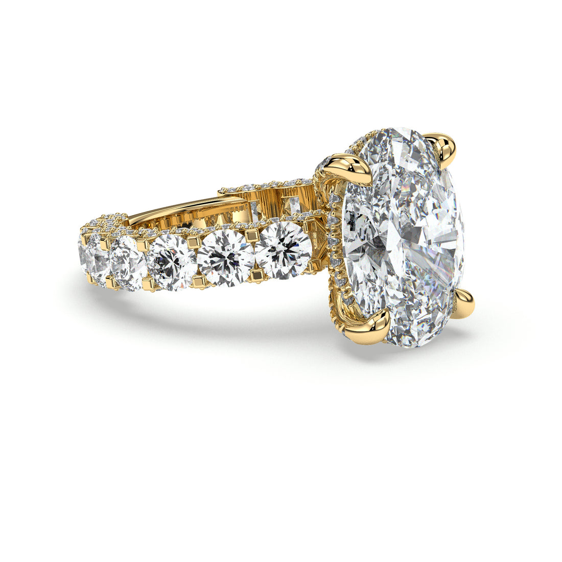 The Beauty Oval Cut Hidden Halo with Round Brilliant Cut Share Claw Setting Diamond Ring - 18K Yellow