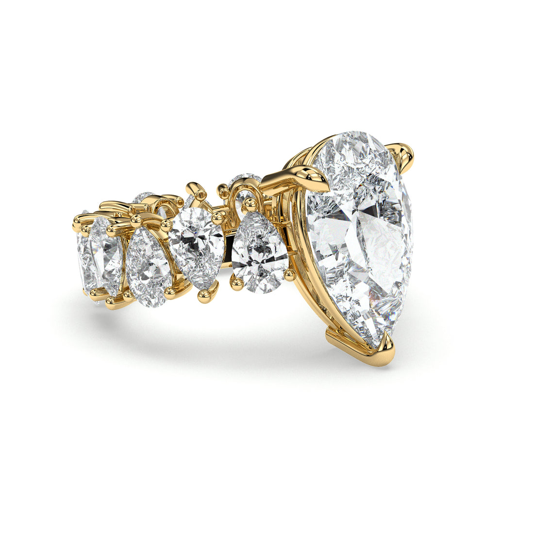 Elegance Pear Cut Pear Sides all the Way Setting Four Claw Diamond Engagement Ring - 18K Yellow