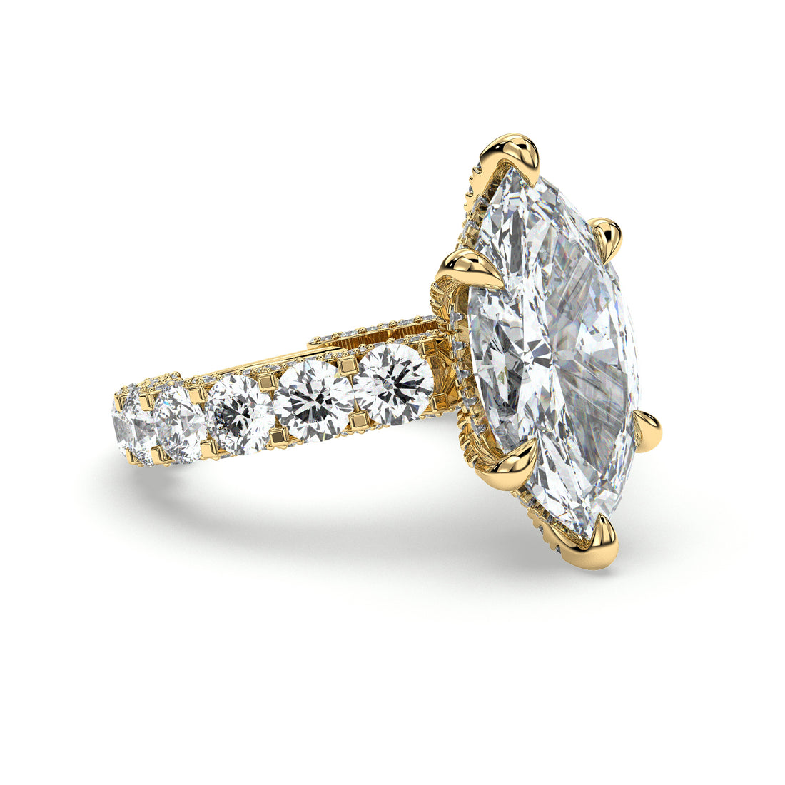 Glowing Marquise Cut Hidden Halo with Round Brilliant Cut Side Stones Diamond Engagement Rings - 18K Yellow