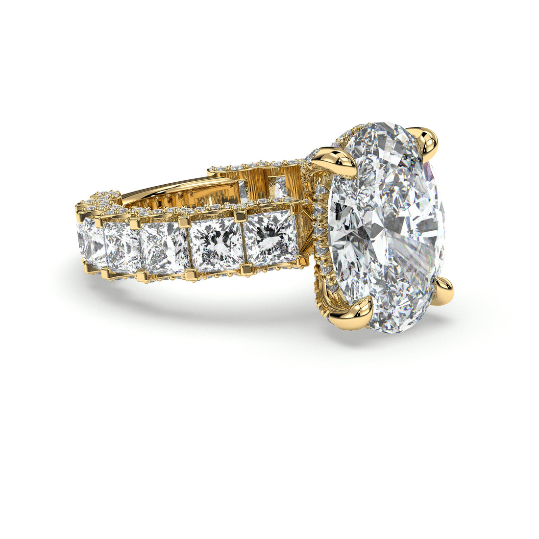 Goodness Oval Cut Hidden Halo with a Princess Cut Side Stones Diamond Ring - 18K Yellow