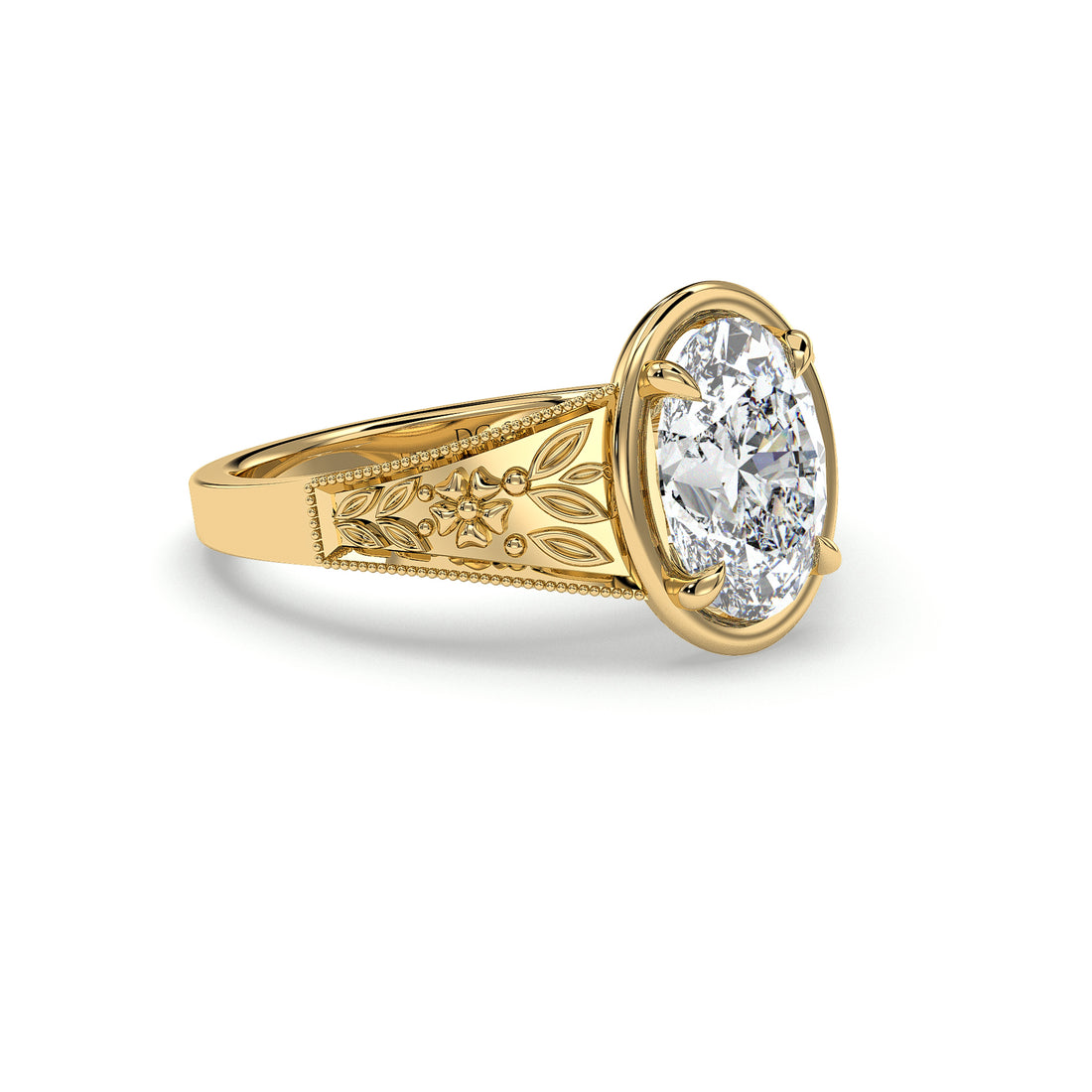 Casey Oval Cut Antique Style Bezel Frame Cathedral Setting Four Claw Setting Engagement Ring - 18K Yellow