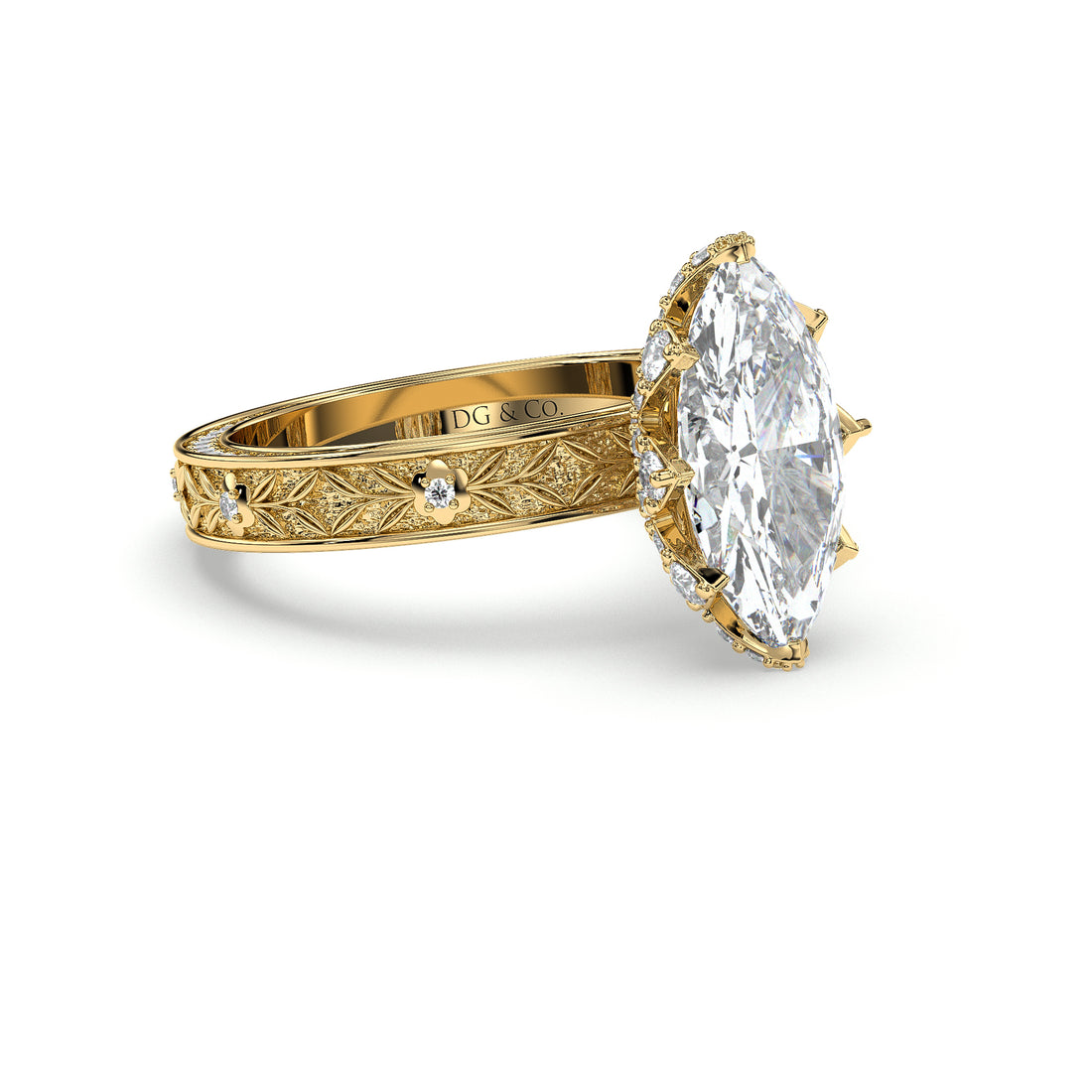 Alexia Marquise Cut Antique Style Hidden Halo Vintage Style Unique Band Diamond Engagement Ring - 18K Yellow
