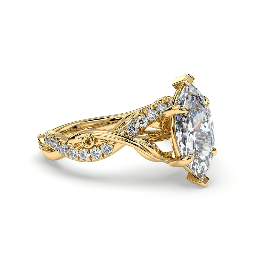 Clover Marquise Cut Twist Band Floral Style Pave setting Side Stones Diamond Engagement Ring - 18K Yellow