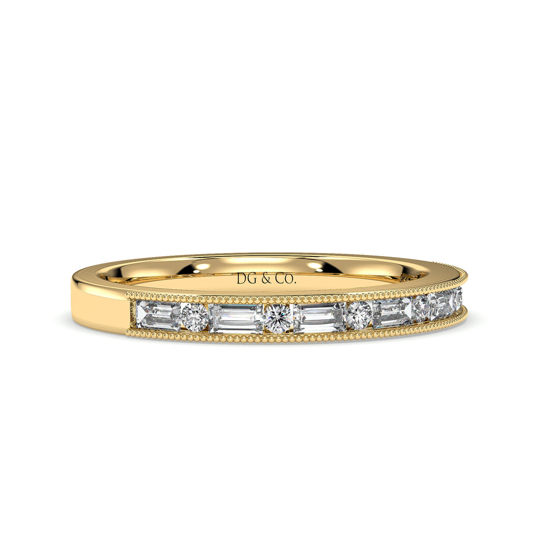 ISA Antique Style Emerald and Round Cut Milgrain Ladies wedding Band - 18K Yellow