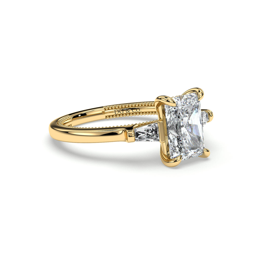 Raja Trilogy Antique Style Three Stones Radiant Cut Tapered Baguette Side Stones Diamond Ring - 18K Yellow