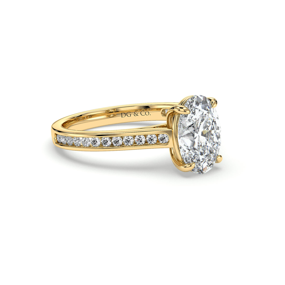 Cabana Oval Cut Cathedral  Channel Setting Four Claw Diamond Engagement Ring - 18K Yellow