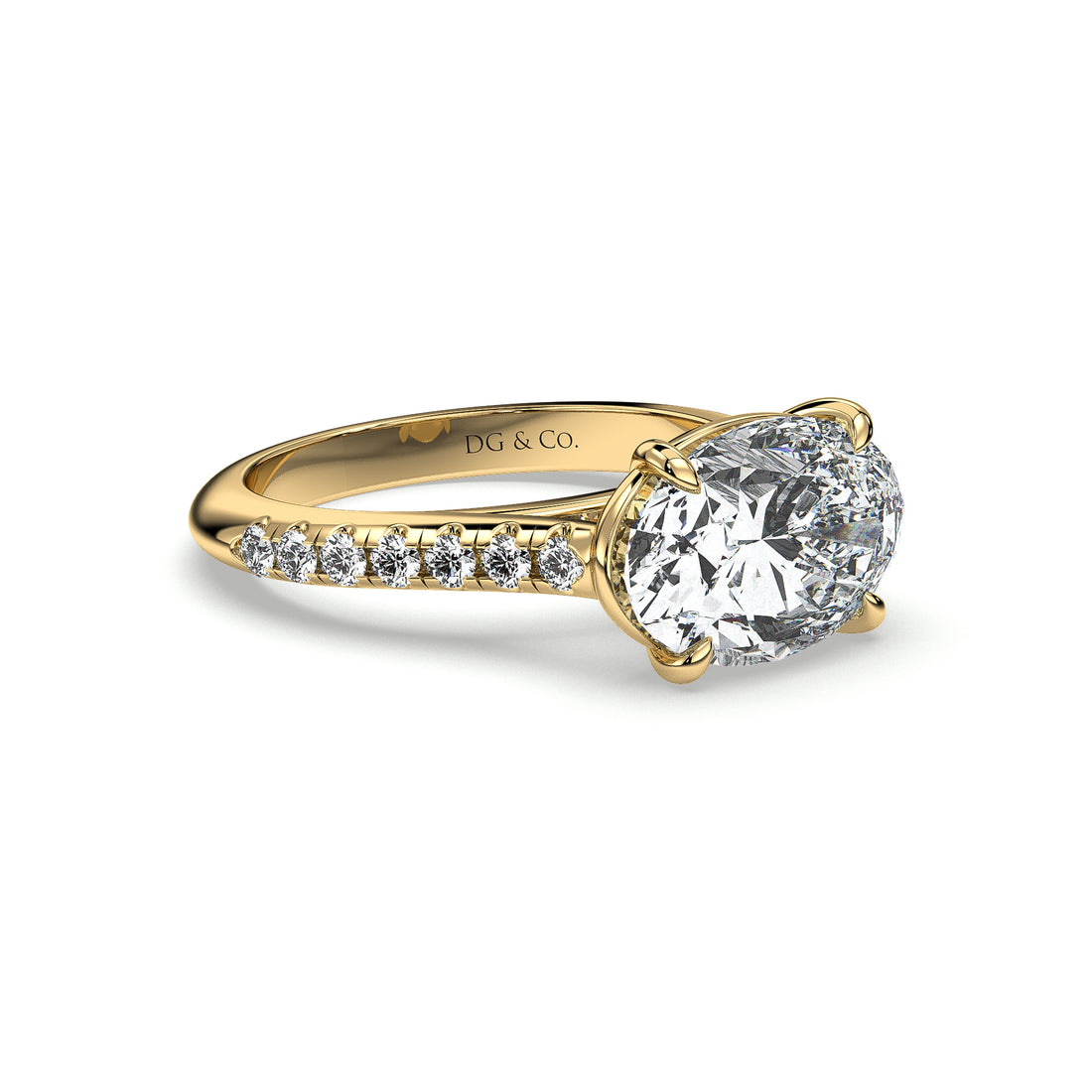 Lia Oval Cut East West Pave Set Side Stones Diamond Engagement Ring - 18K Yellow