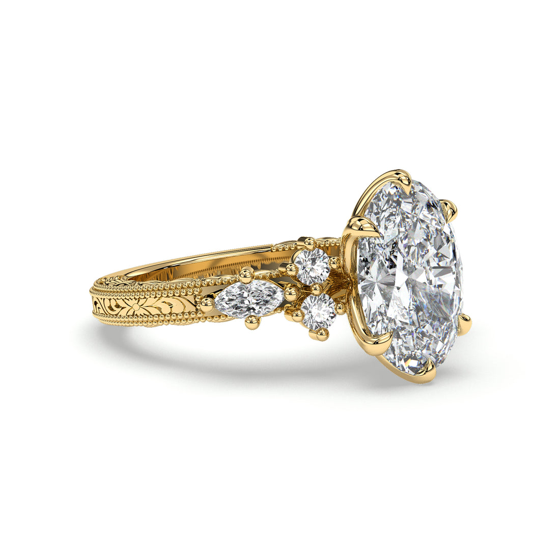 Ambre Oval Cut Engraved Antique Vintage Style Marquise and Round Side Stones six Claw Setting Centre stone Diamond ring - 18K Yellow