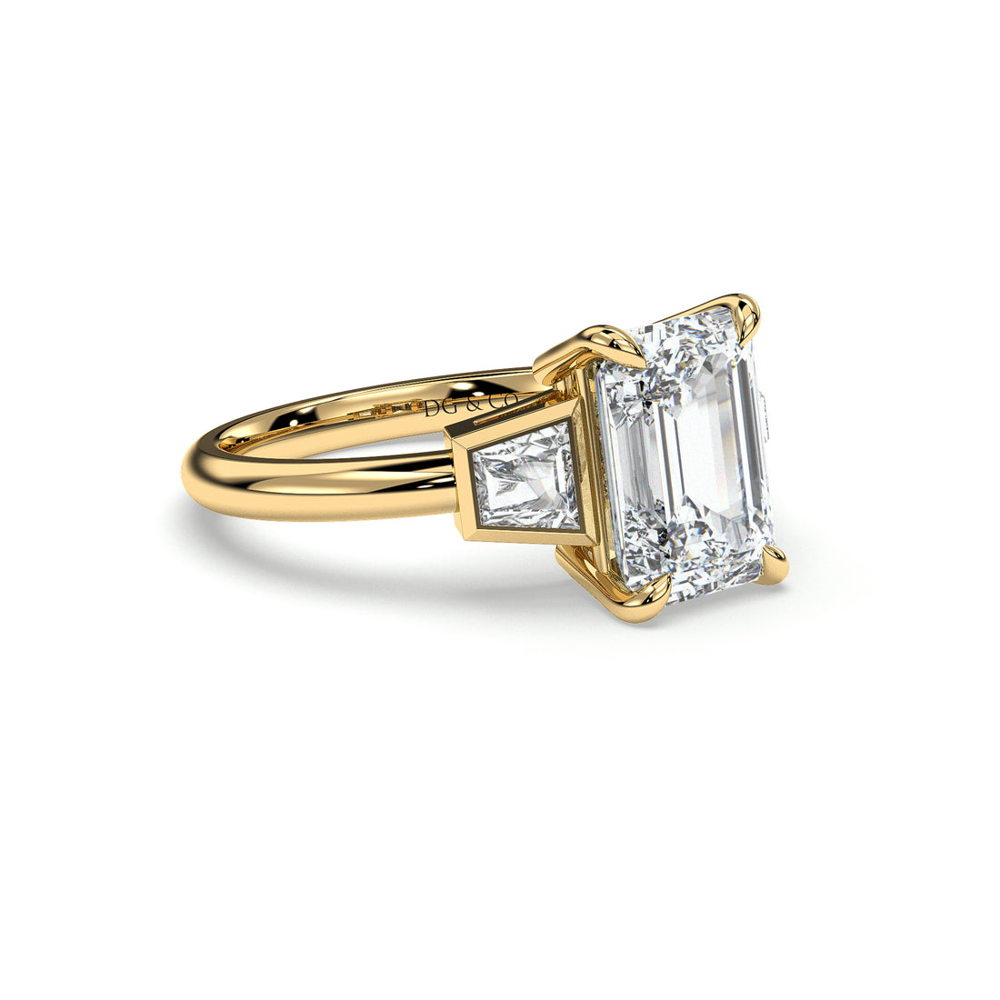 Octavia Emerald Cut Trapezoid Three Stone Bezel set Diamond Engagement Ring - 18K Yellow
