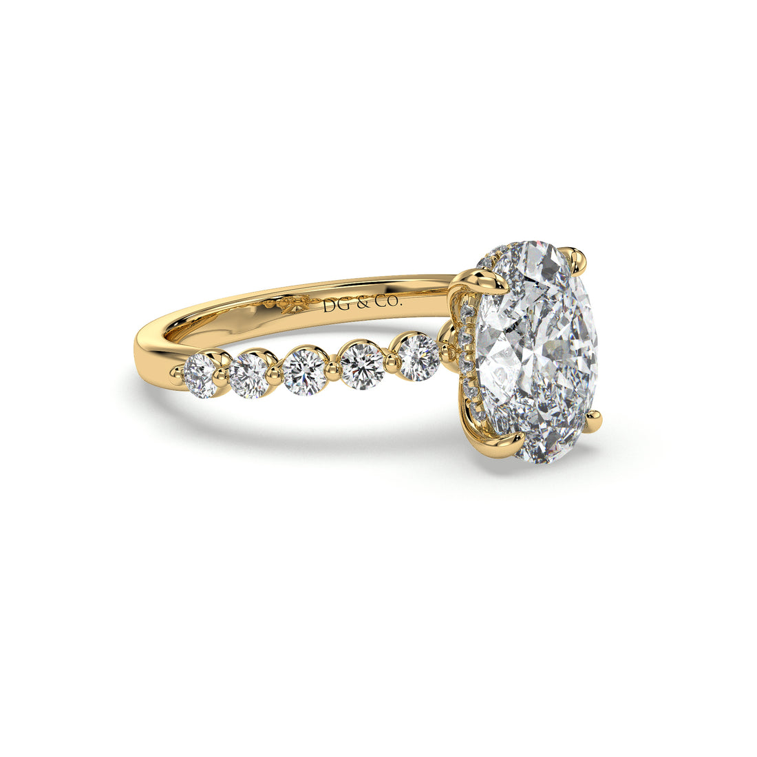 Colleen Oval Cut Hidden Halo  Share Prong Setting Side Stones Diamond Ring - 18K Yellow