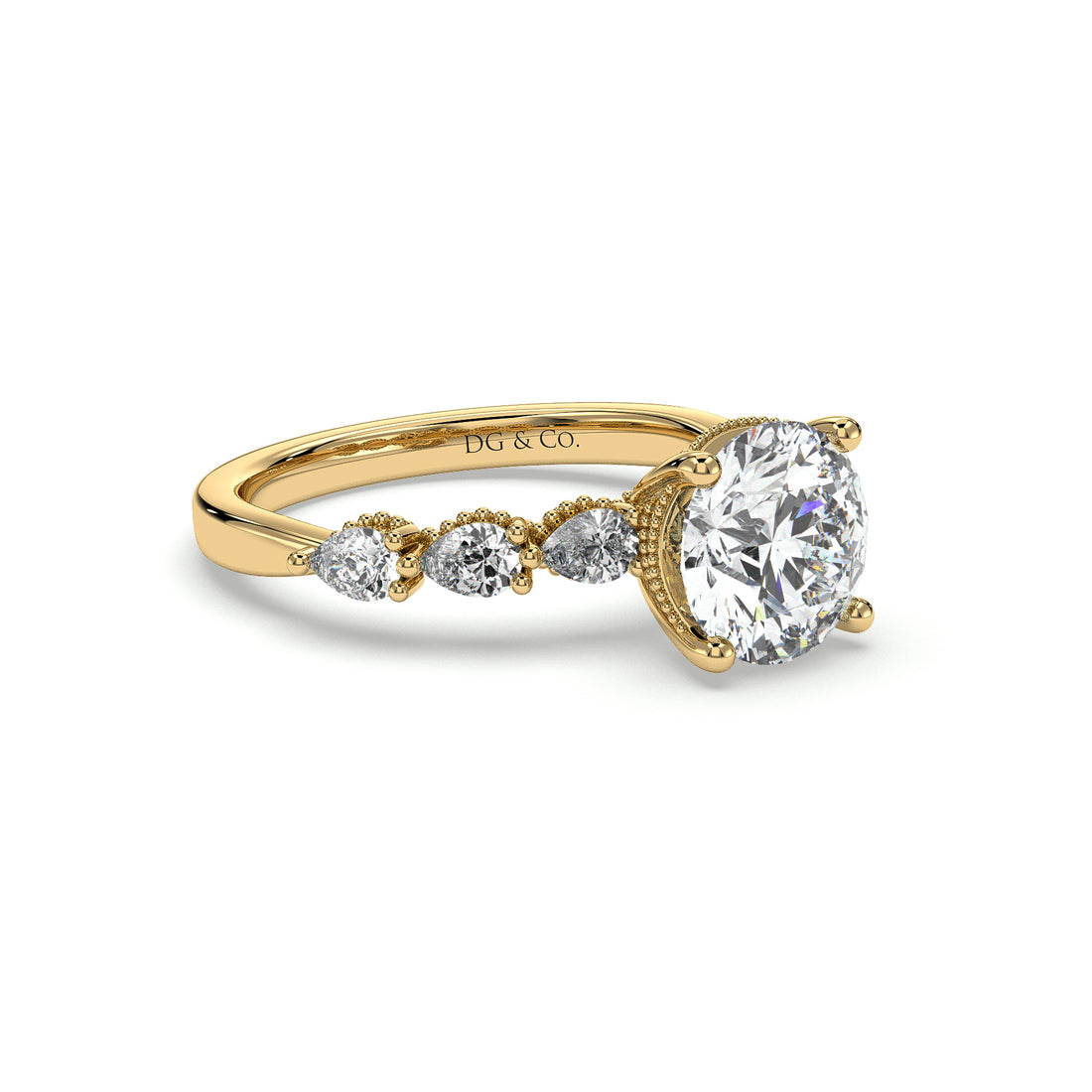 Anushka Antique Vintage Style Hidden Halo Round Cut Four Claw Diamond Engagement Ring - 18K Yellow