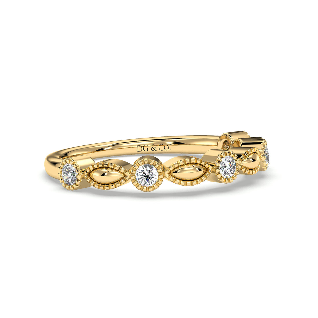 Alya Antique Style Diamond Wedding Band Set With Brilliant Cut Diamond Milgrain Setting - 18K Yellow