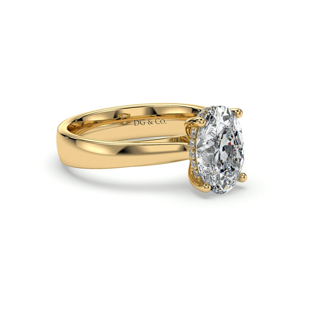 Ama Oval Cut Solitaire Cathedral Thick Band Hidden Halo Four Claw Diamond Engagement Ring - 18K Yellow
