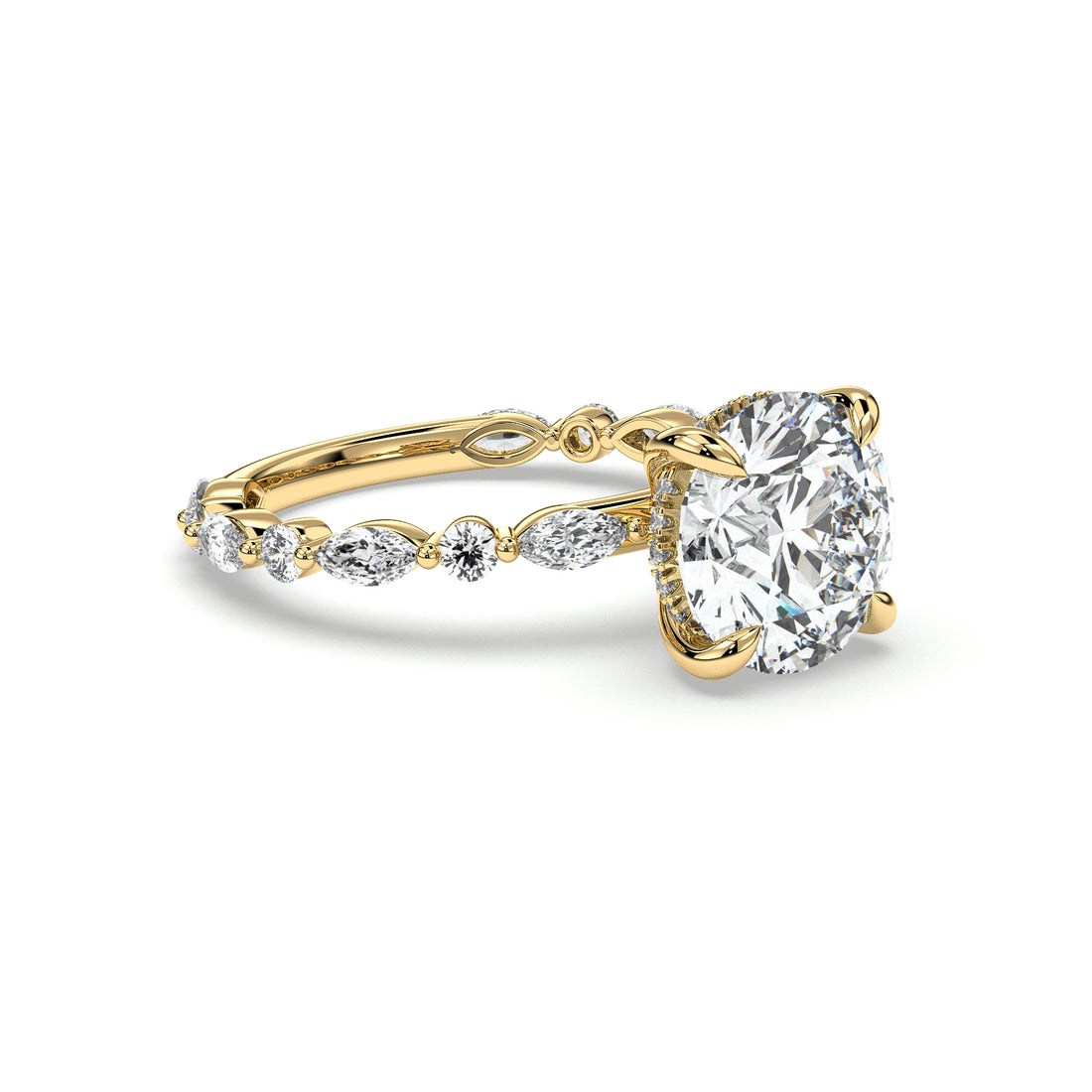 Leina Round Brilliant Cut Hidden Halo Share Prong Side Setting Stones Diamond Engagement Ring - 18K Yellow