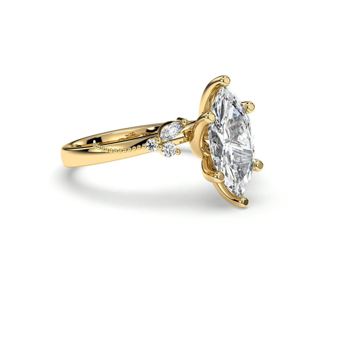 Nina Low Setting Marquise Cut Antique Style Six Claw Diamond Engagement Ring - 18K Yellow