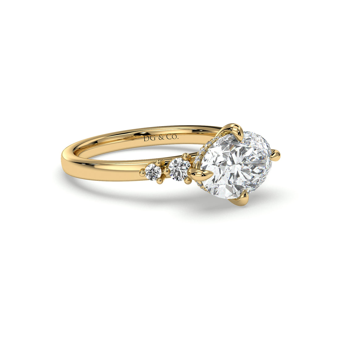 Avah East West Oval Cut Hidden Halo Four Claw Sidestone Diamond Engagement - 18K Yellow
