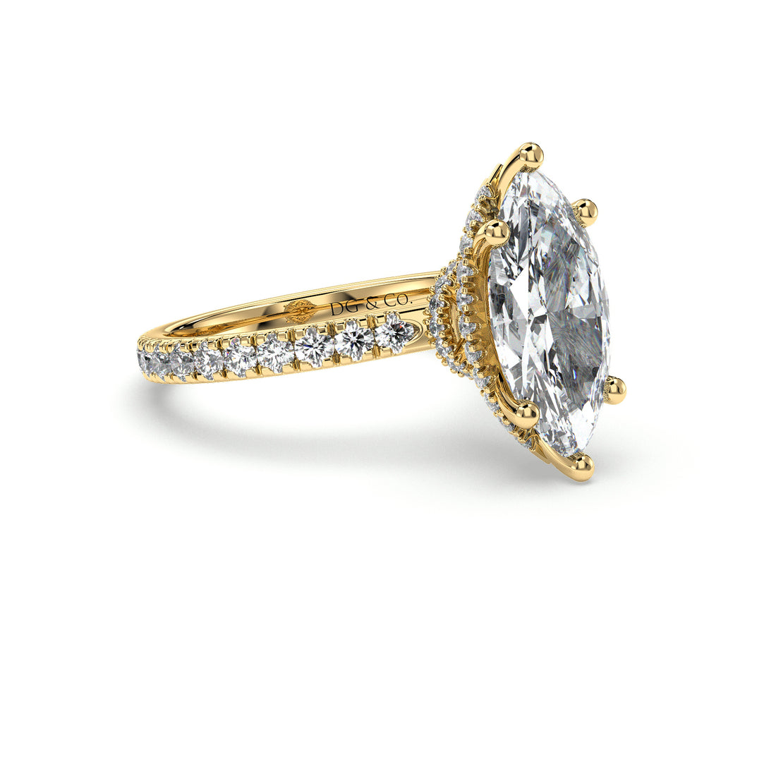 Lyra Marquise Cut Double Halo Six Claw Pave Setting Side Stones Diamond Ring - 18K Yellow