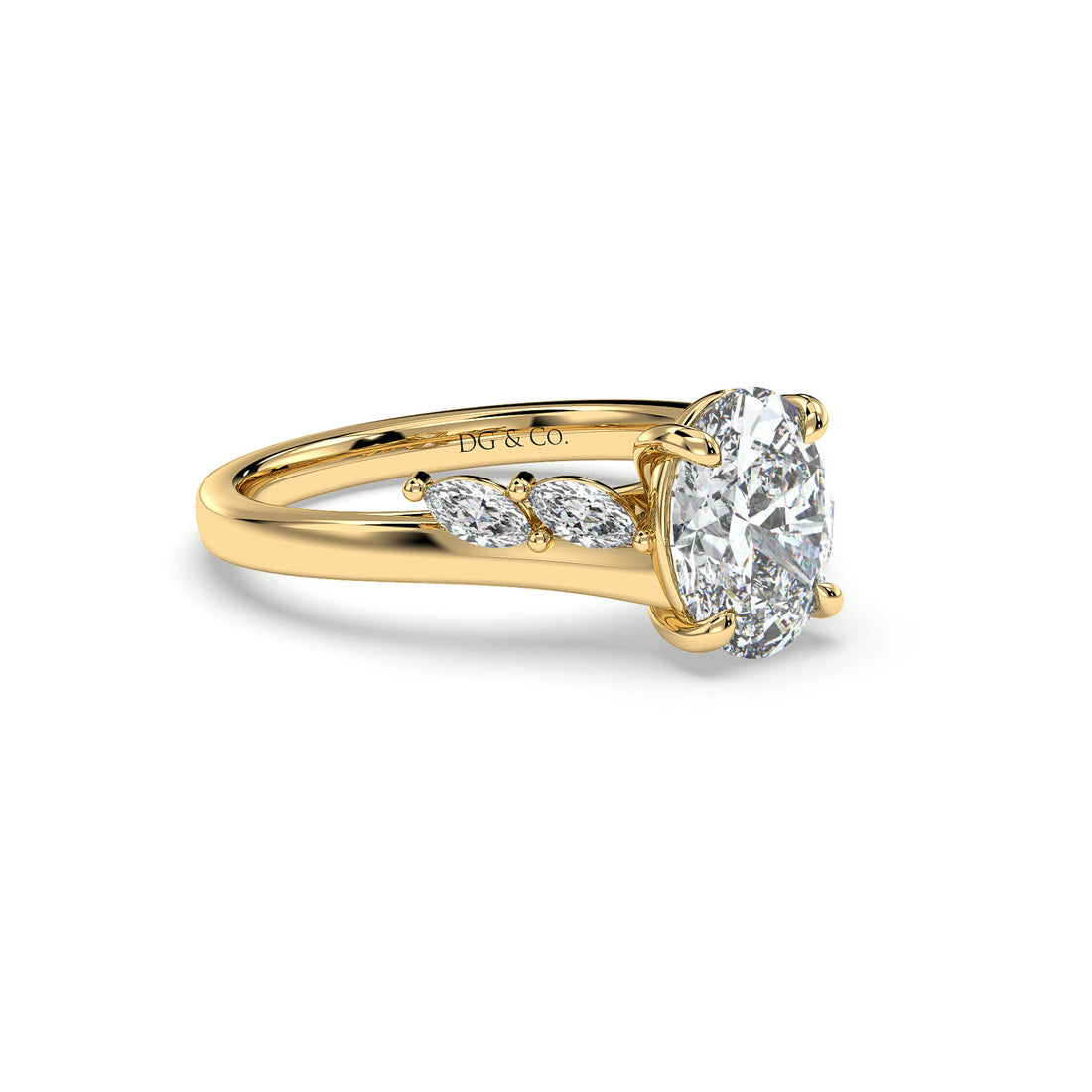 Poppy Oval Cut Four Claw Setting Marquise cut side stones Diamond Ring - 18K Yellow