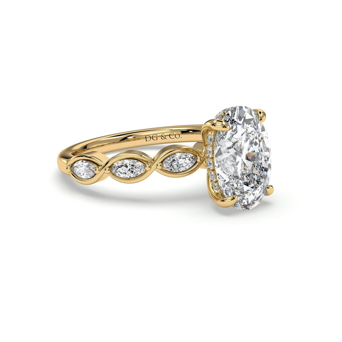 Arlo Oval Cut Hidden Halo Marquise Cut Side stones Bezel Set Diamond Engagement Ring - 18K Yellow