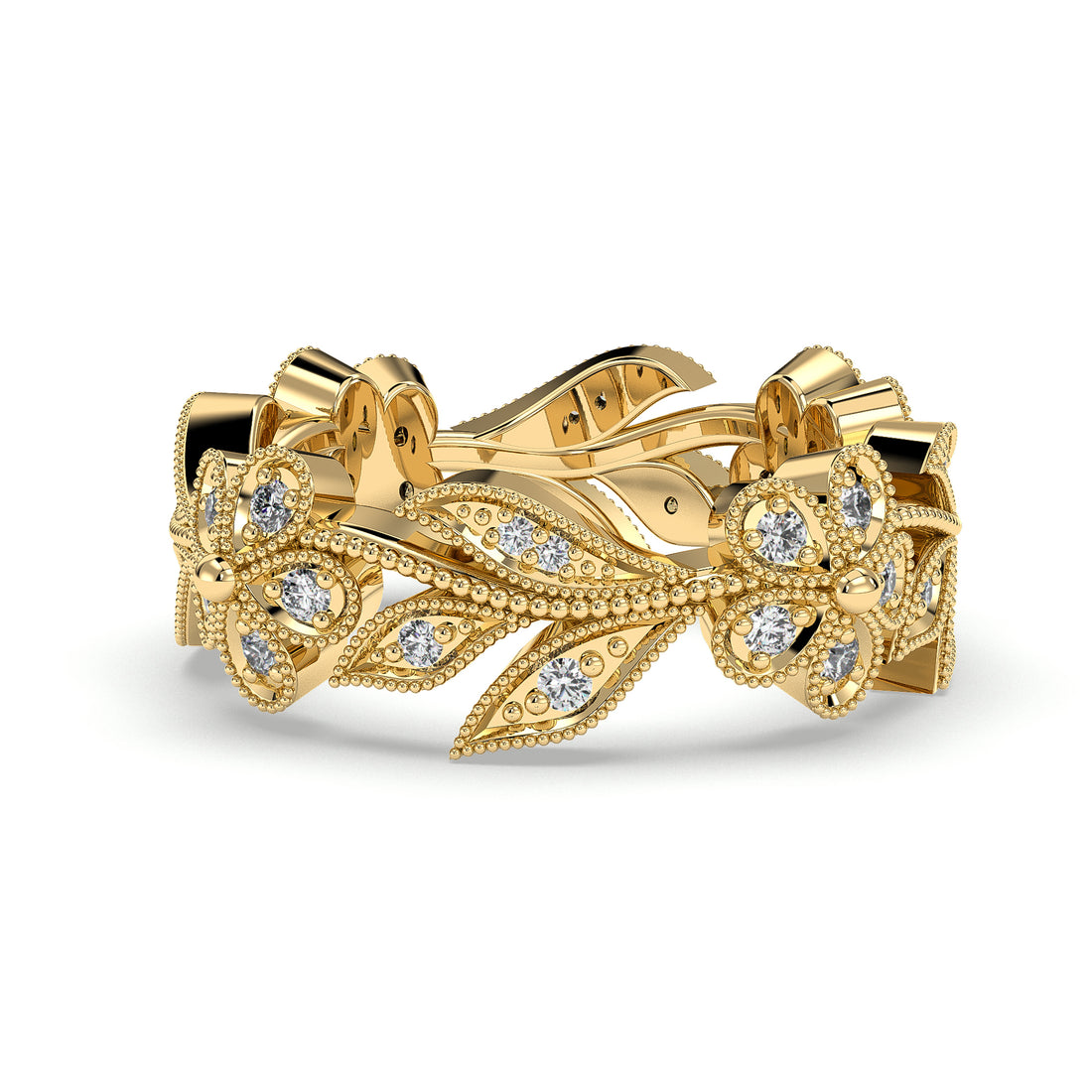 Tina Vintage Style Miligrain Share Prong Setting Diamond Wedding Band - 18K Yellow