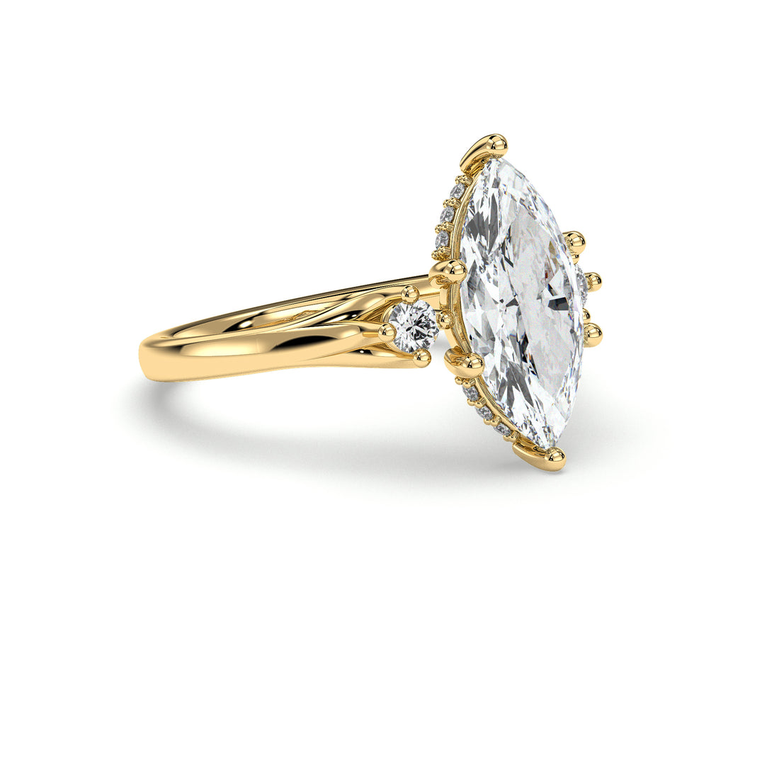 LVY Marquise Cut Hidden Halo Trilogy Six Claw Setting Diamond Engagement Ring - 18K Yellow