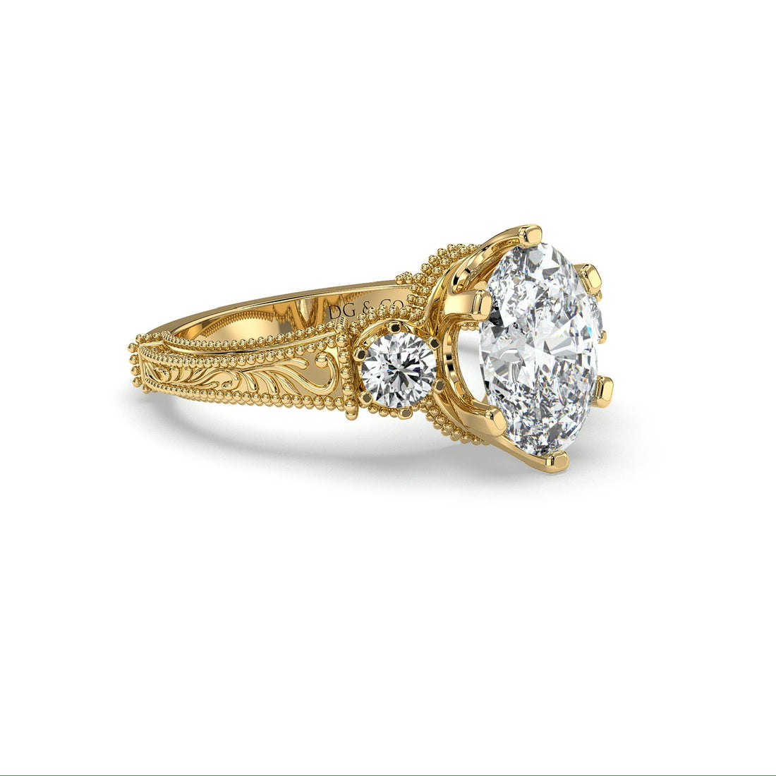 Roma Oval Cut Trilogy Antique Vintage Style Six Claw Diamond Engagement Ring - 18K Yellow