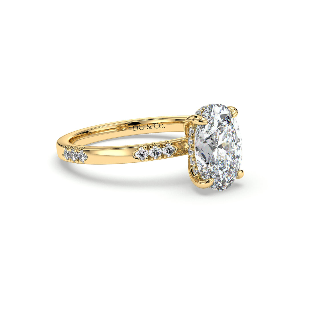 Evelynn Oval Cut Hidden Halo Four Claw Set Side stone Diamond Engagement Ring - 18K Yellow