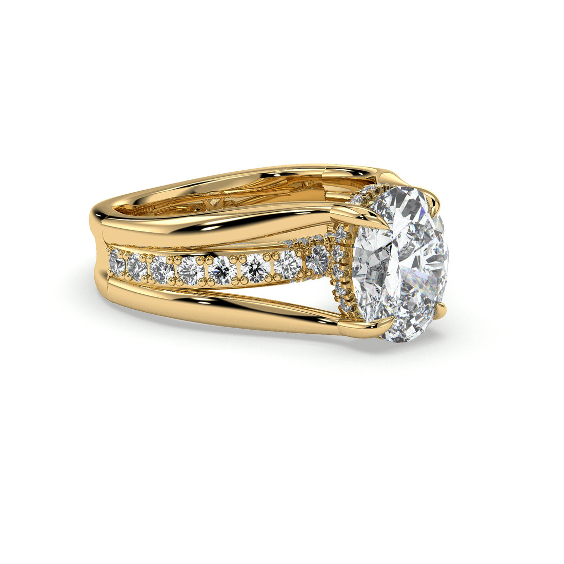 Sasha Oval Cut Cathedral Setting Three Band Hidden Halo with a Four Claw Pave Setting Side Stone Diamond Ring- 18K Yellow