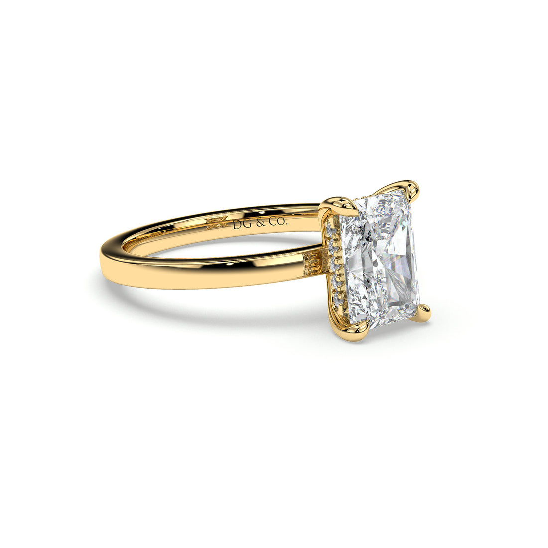 Breath Solitaire Radiant Cut Hidden Halo Four Claw Setting Diamond Engagement Ring - 18K Yellow