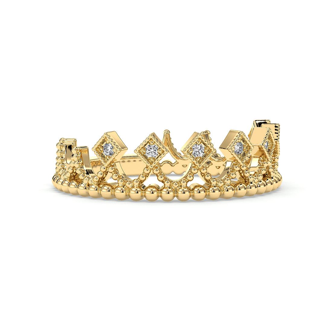 Crown Antique Style Art Deco Milgrain Setting Diamond wedding Ring - 18K Yellow