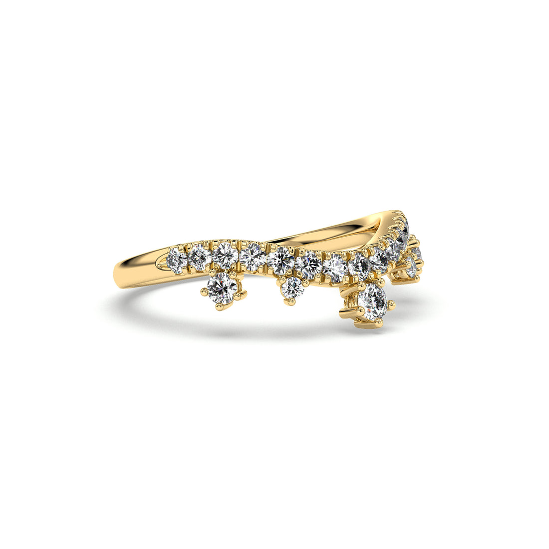 Petra Crown Curved Diamond Wedding Ring Round Cut Claw and Pave Setting - 18K Yellow