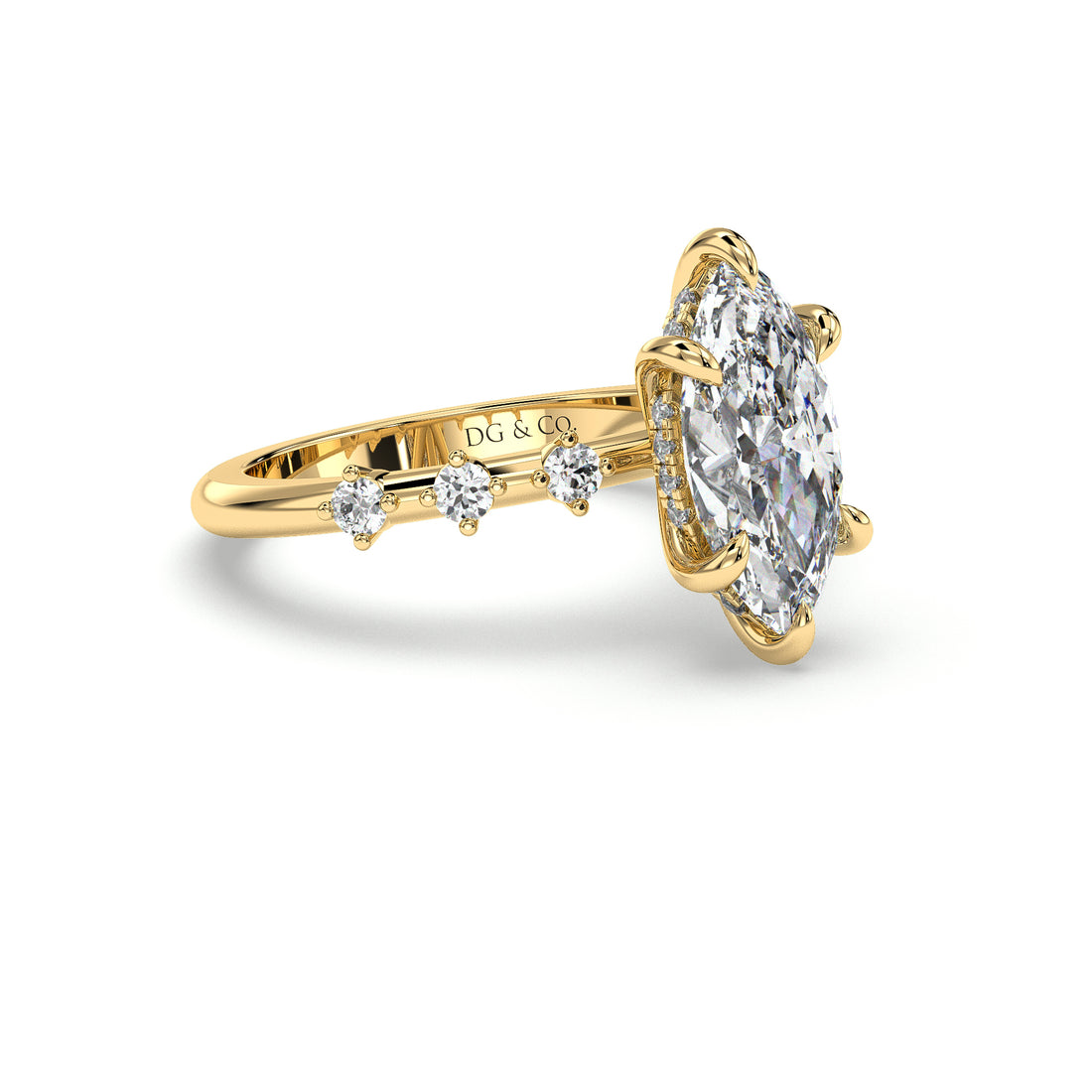 Daphne Six Claw Marquise Cut Hidden Halo Sidetones Diamond Ring - 18K Yellow