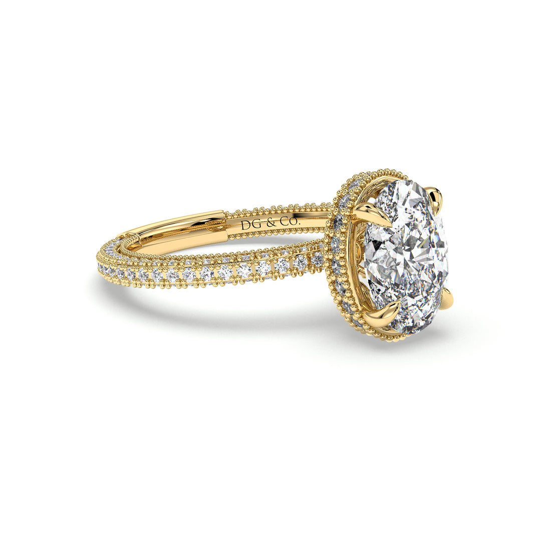 Eleanor Antique Hidden Halo Style Oval Cut Miligrain Setting Diamond Engagement Ring - 18K Yellow