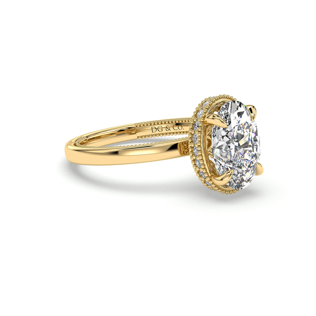 Alana Oval Cut Antique Style Miligrain Hidden Halo Diamond Engagement Ring - 18K Yellow