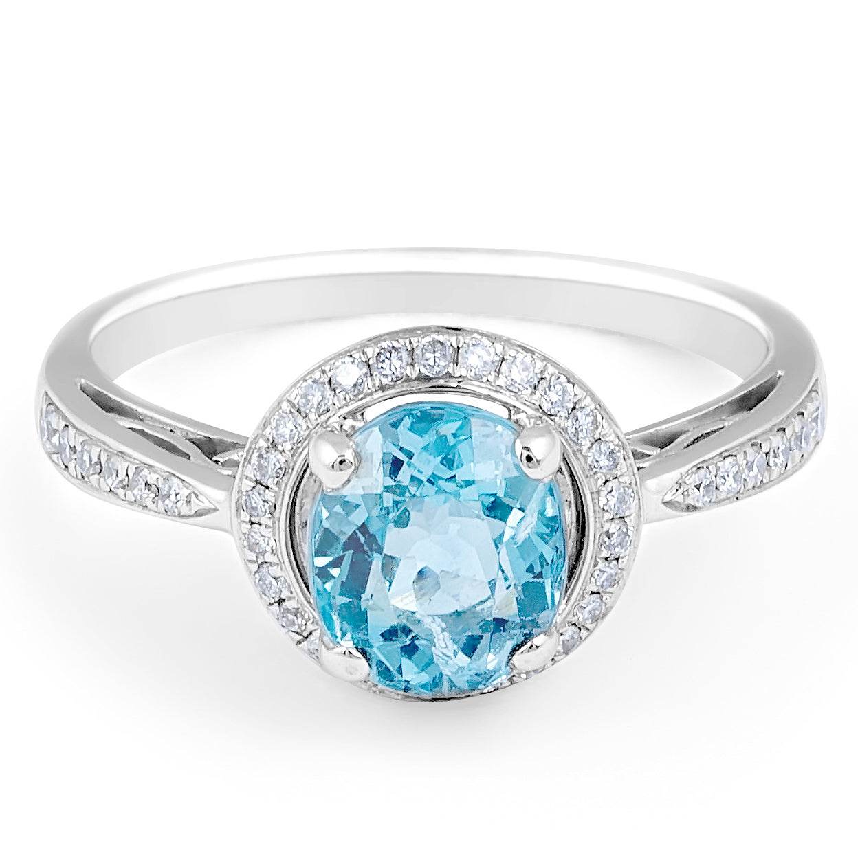 Aquamarine Halo Round Cut Diamond Engagement Ring Grain Setting In 18K White Gold - DG & Co. Jewellery