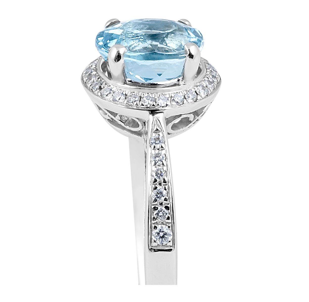 Aquamarine Halo Round Cut Diamond Engagement Ring Grain Setting In 18K White Gold - DG & Co. Jewellery