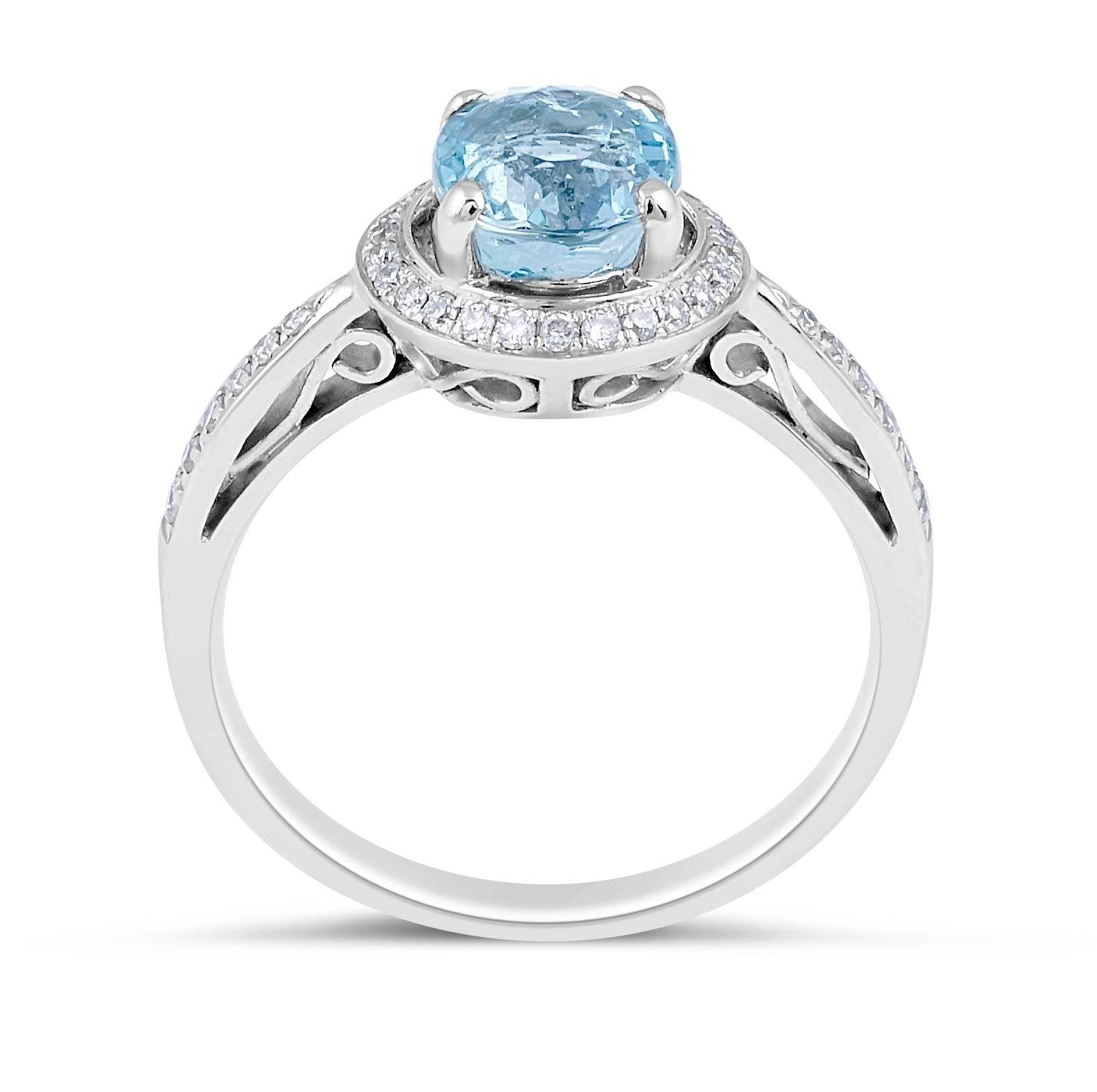Aquamarine Halo Round Cut Diamond Engagement Ring Grain Setting In 18K White Gold - DG & Co. Jewellery